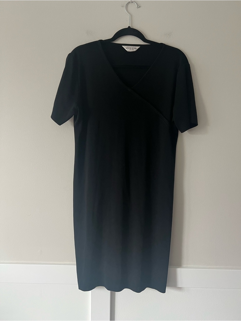 Misook Petite Black Faux Wrap Knit Sheath Dress Career Cocktail Size Large